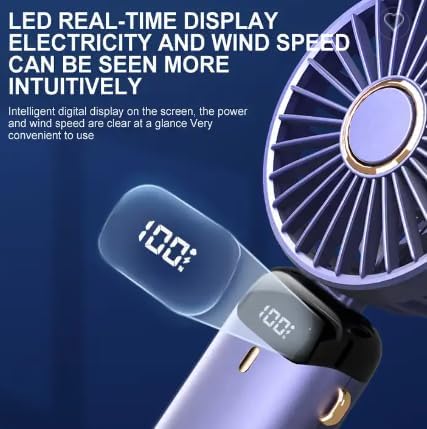 USB Mini Fan – Foldable Handheld Neck Hanging Fan, 5-Speed, Rechargeable with Phone Stand & Display
