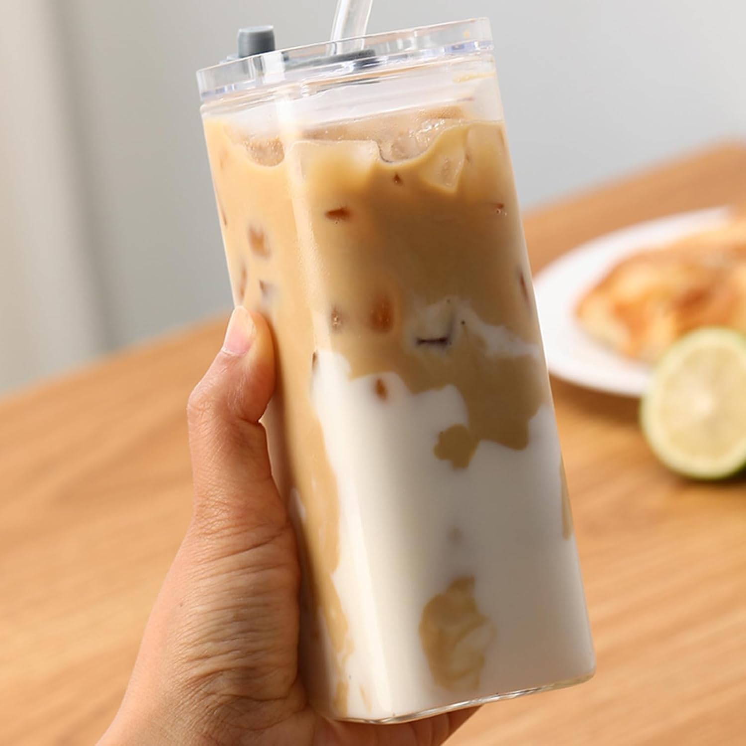 1Pc Transparent Square Glass Cup with Lid and Straw – Heat Resistant Mug for Coffee, Milk Tea & Juice