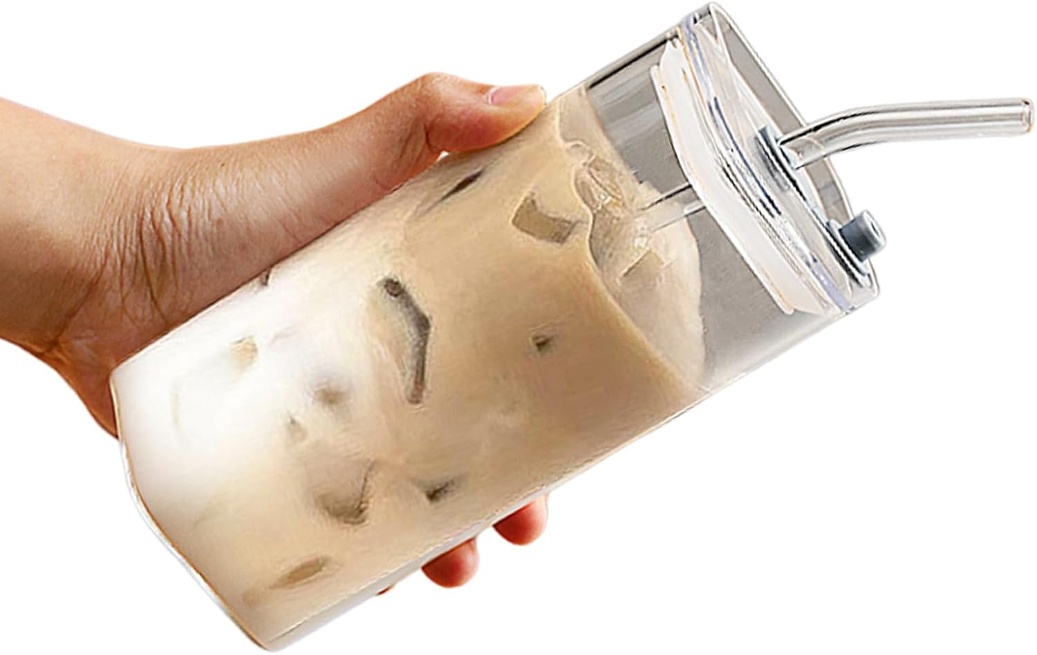 1Pc Transparent Square Glass Cup with Lid and Straw – Heat Resistant Mug for Coffee, Milk Tea & Juice