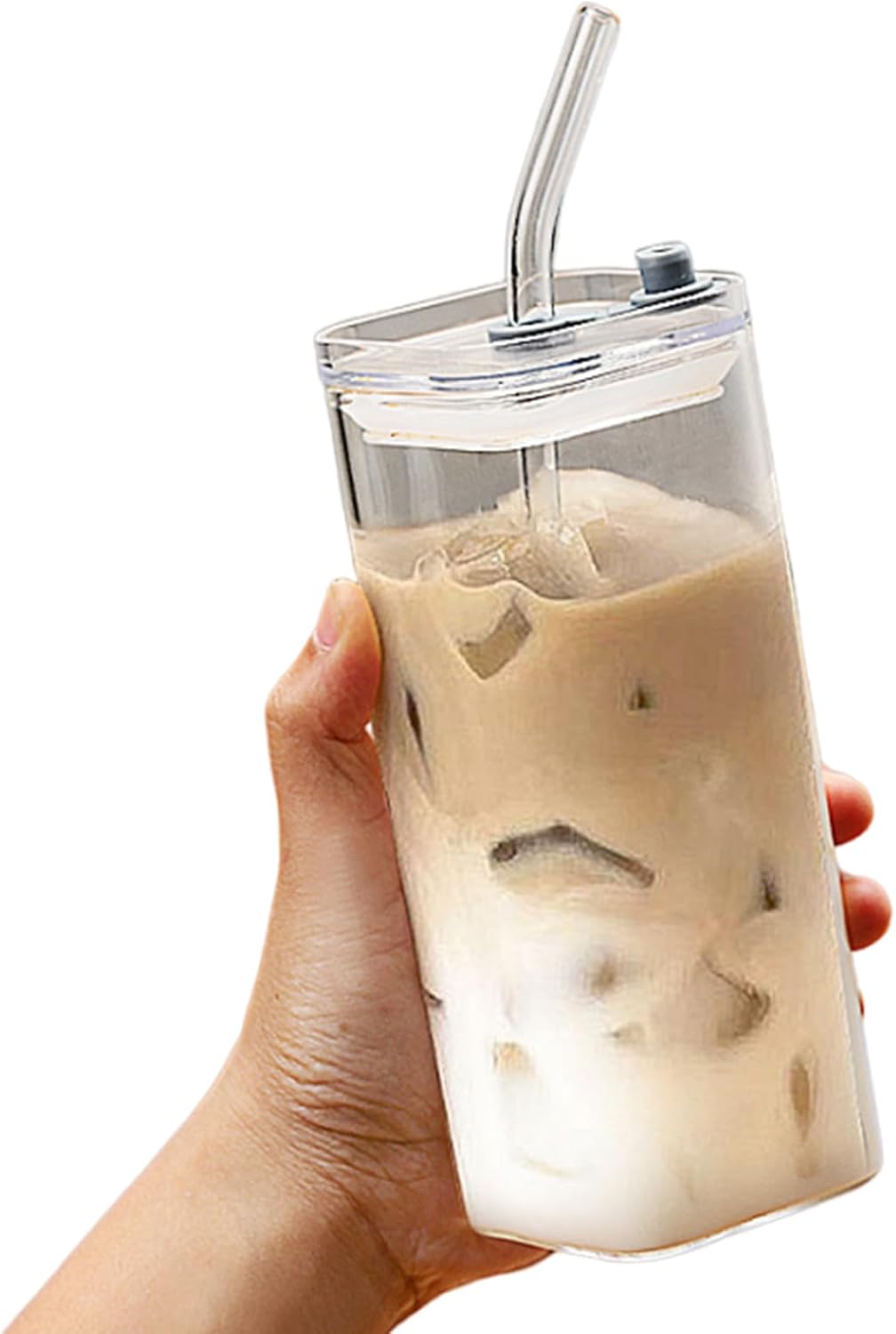 1Pc Transparent Square Glass Cup with Lid and Straw – Heat Resistant Mug for Coffee, Milk Tea & Juice