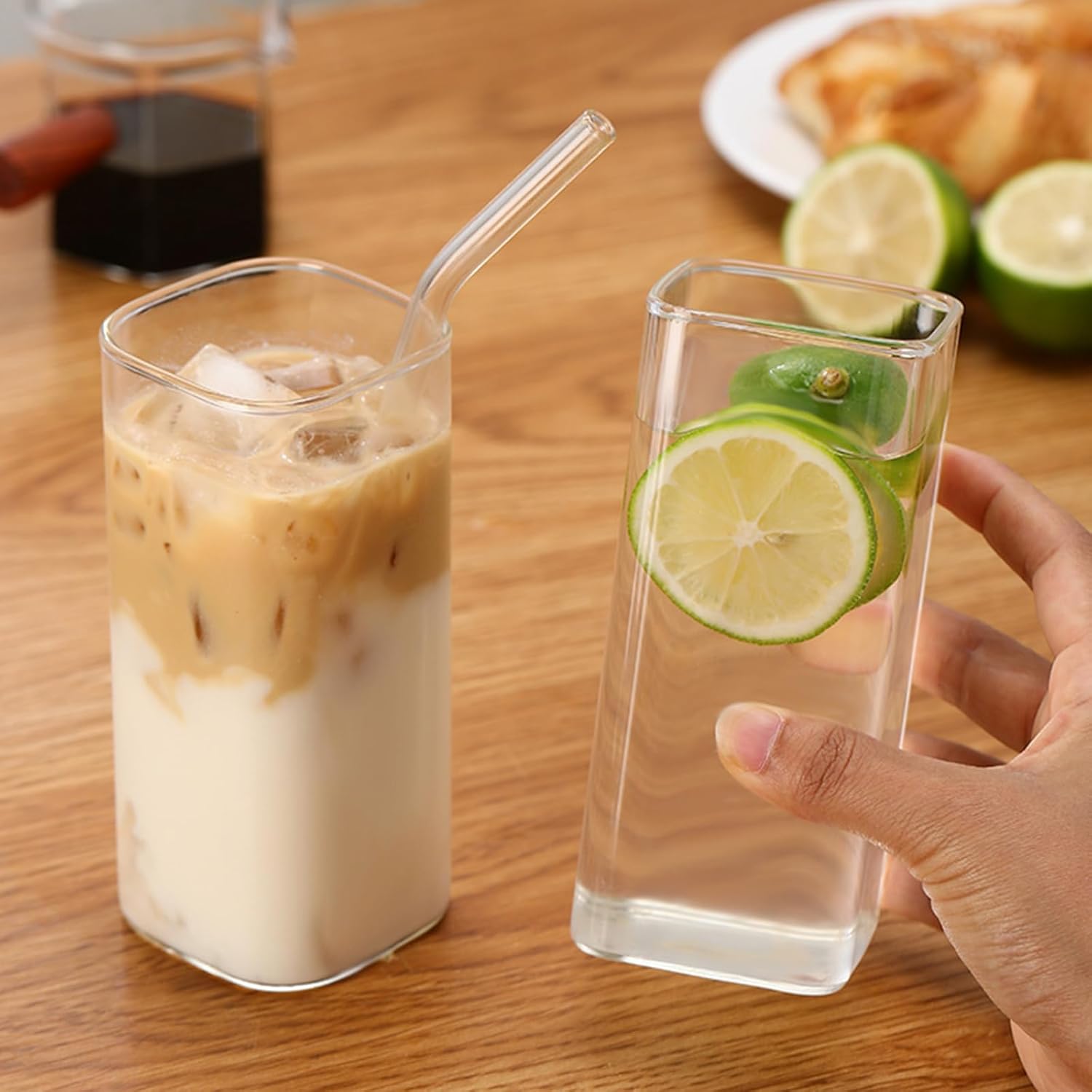 1Pc Transparent Square Glass Cup with Lid and Straw – Heat Resistant Mug for Coffee, Milk Tea & Juice