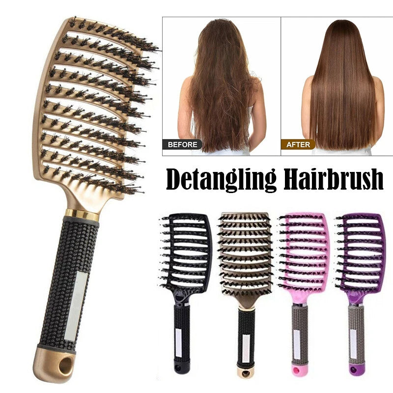 Boar Bristle & Nylon Hair Brush – Detangling Scalp Massage Comb for Women with Wet or Curly Hair – Salon Hairdressing & Styling Tool