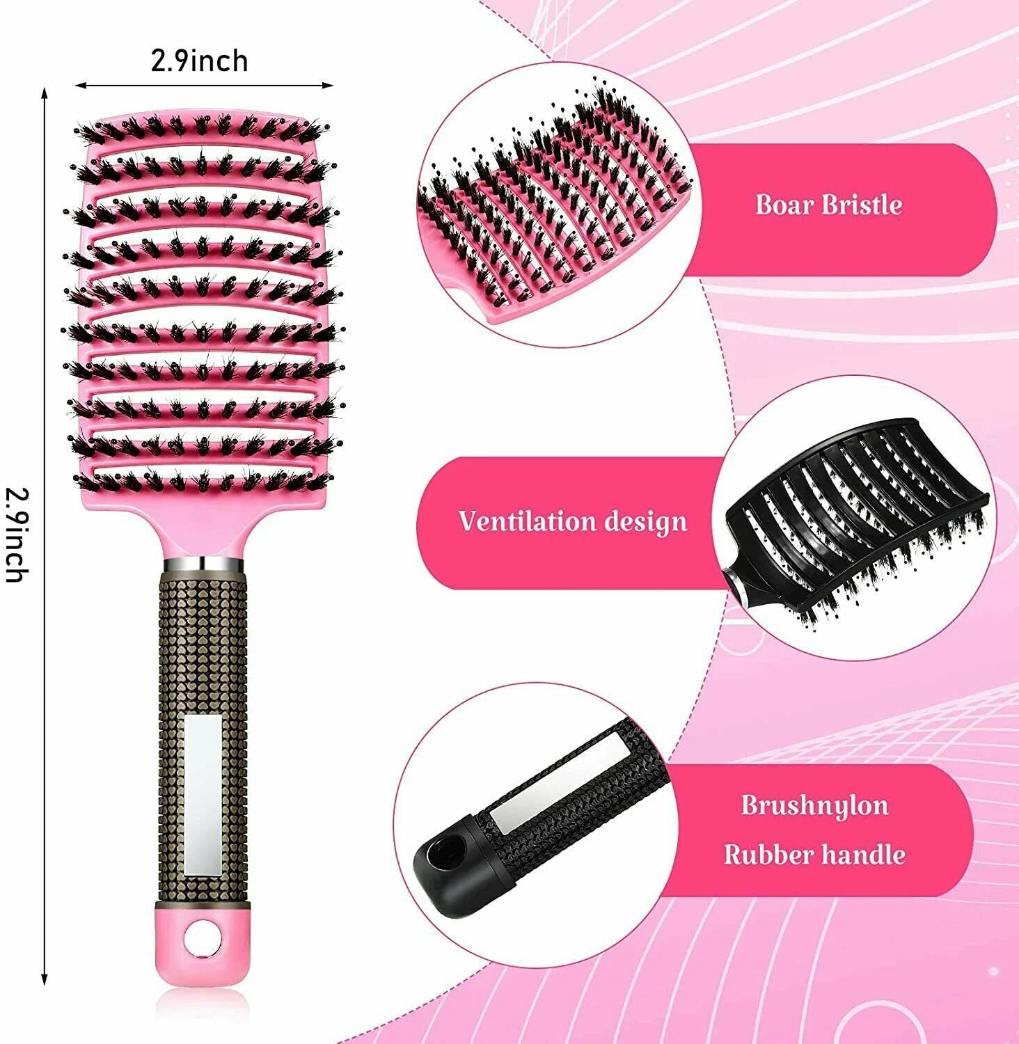 Boar Bristle & Nylon Hair Brush – Detangling Scalp Massage Comb for Women with Wet or Curly Hair – Salon Hairdressing & Styling Tool