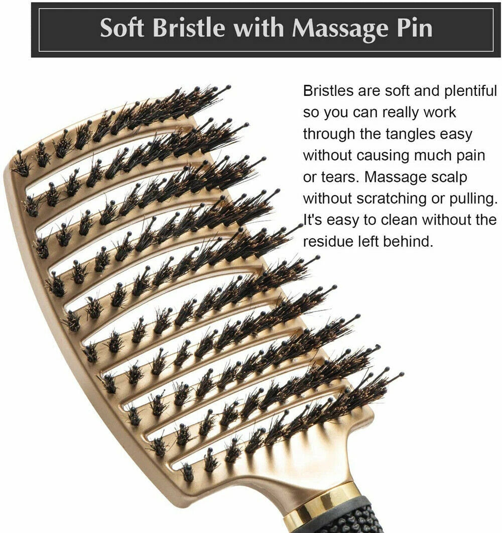 Boar Bristle & Nylon Hair Brush – Detangling Scalp Massage Comb for Women with Wet or Curly Hair – Salon Hairdressing & Styling Tool