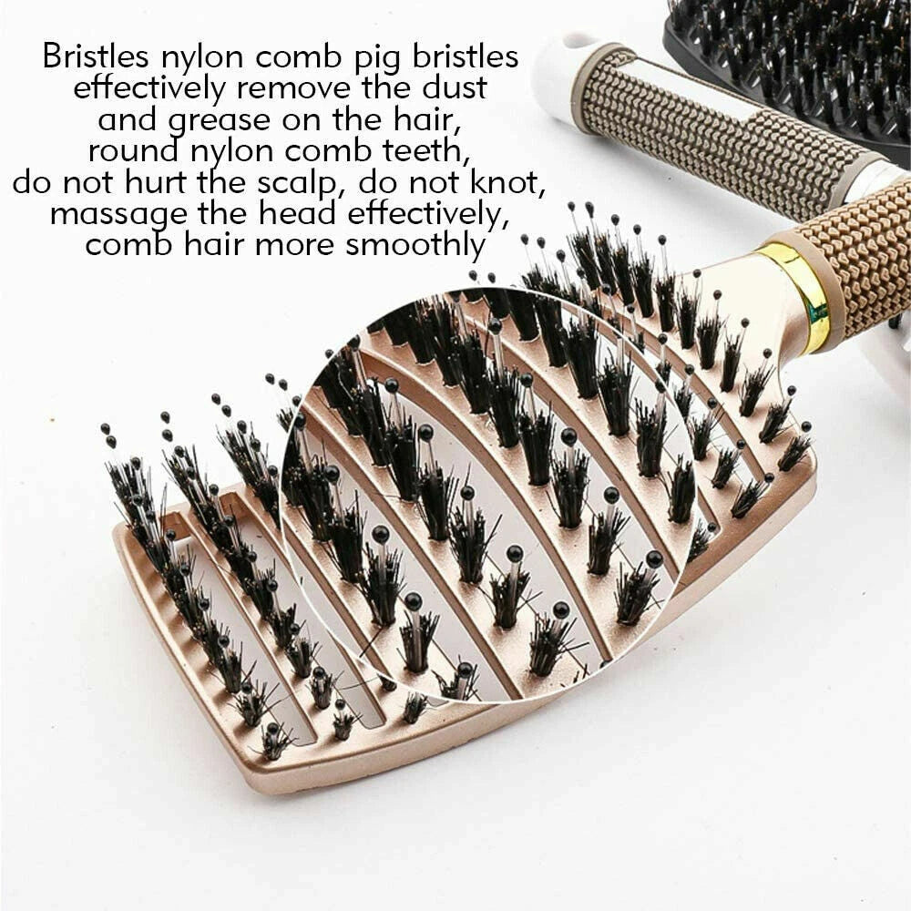 Boar Bristle & Nylon Hair Brush – Detangling Scalp Massage Comb for Women with Wet or Curly Hair – Salon Hairdressing & Styling Tool