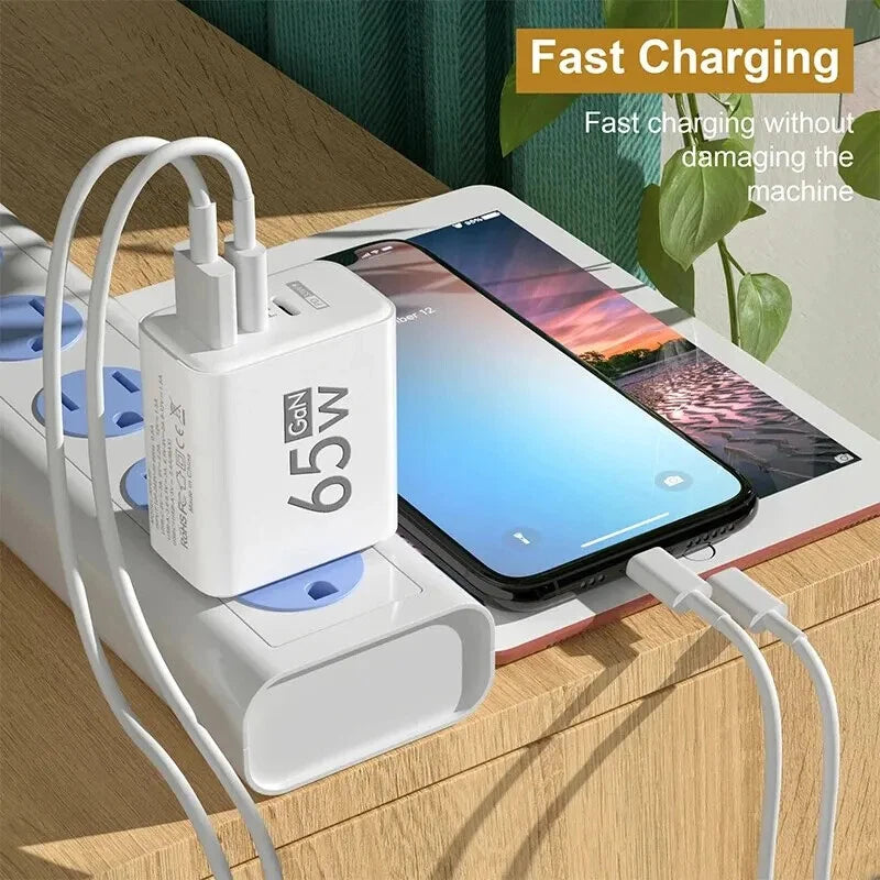 PD 65W GaN USB-C Charger, 3-Port Fast Wall Adapter with Quick Charge 3.0, Type-C Power Delivery Charger for iPhone 15/14, Samsung, Xiaomi & More