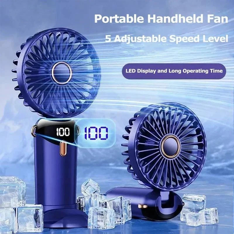 USB Mini Fan – Foldable Handheld Neck Hanging Fan, 5-Speed, Rechargeable with Phone Stand & Display