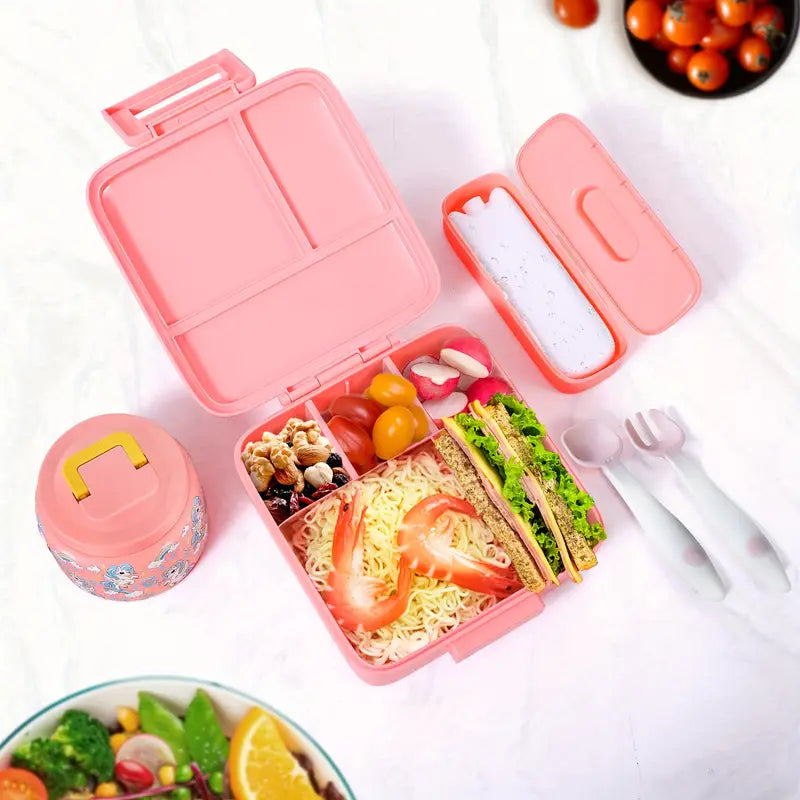 Stainless Steel Bento Lunch Box Set for Kids – 5 Compartments with 8oz Insulated Jar, Bag & Ice Pack