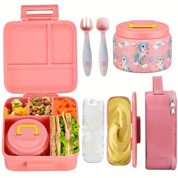 Stainless Steel Bento Lunch Box Set for Kids – 5 Compartments with 8oz Insulated Jar, Bag & Ice Pack