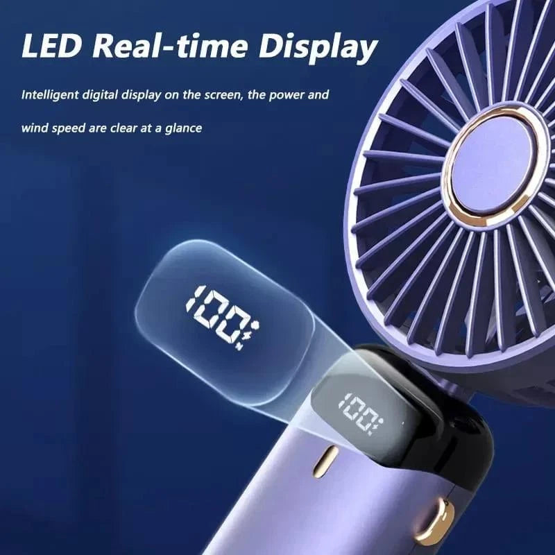 USB Mini Fan – Foldable Handheld Neck Hanging Fan, 5-Speed, Rechargeable with Phone Stand & Display