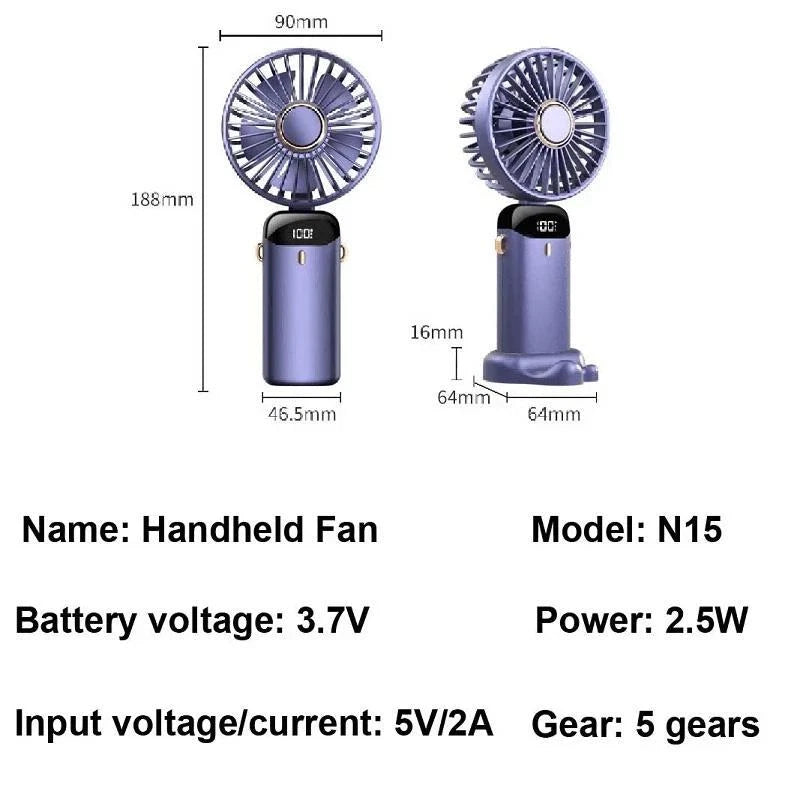 USB Mini Fan – Foldable Handheld Neck Hanging Fan, 5-Speed, Rechargeable with Phone Stand & Display